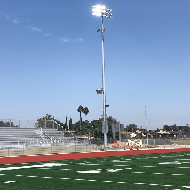 Crews test the lights at the new Michael A. Monsoor Memorial Stadium.