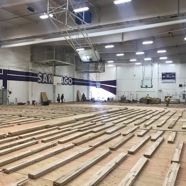 New Santiago High School gymnasium floor being prepped for installation.